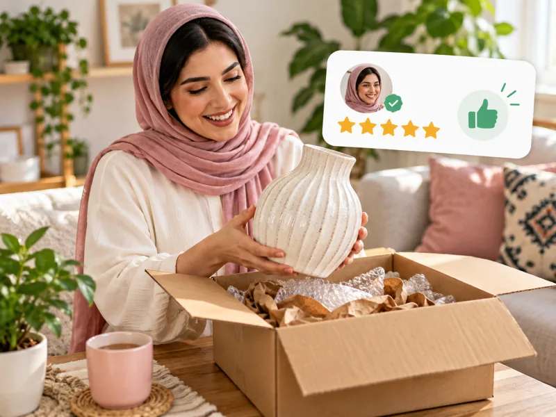 خریدار تأییدشده در حال بازکردن محصول و ثبت امتیاز برای فروشگاه