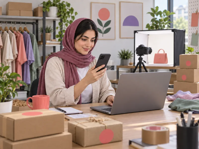 فروشنده آنلاین در حال مدیریت محصول، موجودی، سفارش و آمار فروشگاه