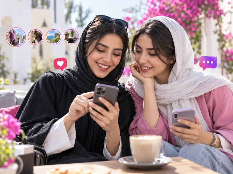 دو دوست در حال مشاهده پست و استوری و ثبت لایک در شبکه اجتماعی پیکتاگرام